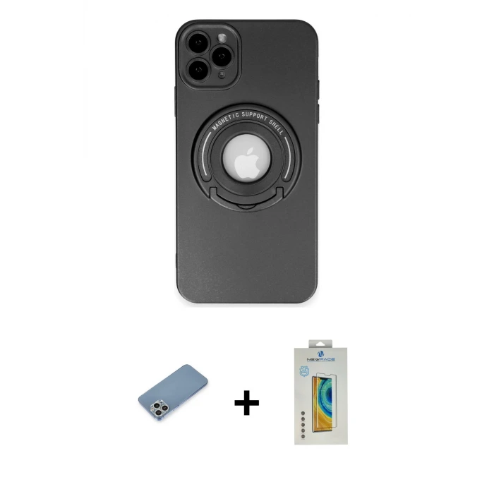 ieg™ iPhone 12 Pro Max Kılıf Eksen Klasik Prime - Siyah Polymer Nano Ekran Koruyucu + Shine Kamera Lens Koruma Cam - GS