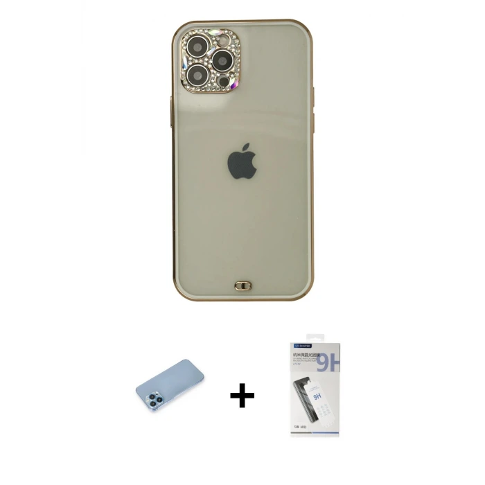 ieg™ iPhone 12 Pro Max Kılıf Eksen Minimal Koleksiyonu - Şeffaf Uv Polymer Nano Ekran Koruyucu + Shine Kamera Lens Koruma Cam - MI