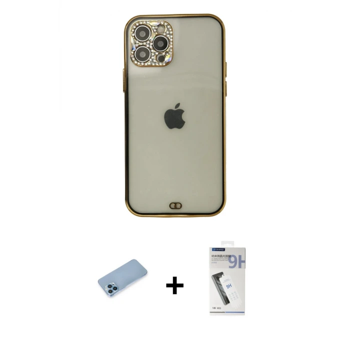 ieg™ iPhone 12 Pro Max Kılıf Eksen Minimal Koleksiyonu - Şeffaf Uv Polymer Nano Ekran Koruyucu + Shine Kamera Lens Koruma Cam - MI