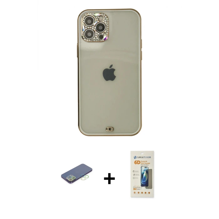 ieg™ iPhone 12 Pro Max Kılıf Eksen Minimal Koleksiyonu - Siyah 6D Mat Seramik Hayalet Nano Ekran Koruyucu + Renkli Kamera Lens Koruma Cam - YL