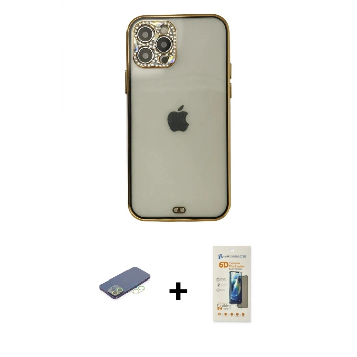 ieg™ iPhone 12 Pro Max Kılıf Eksen Minimal Koleksiyonu - Siyah 6D Mat Seramik Hayalet Nano Ekran Koruyucu + Renkli Kamera Lens Koruma Cam - YL