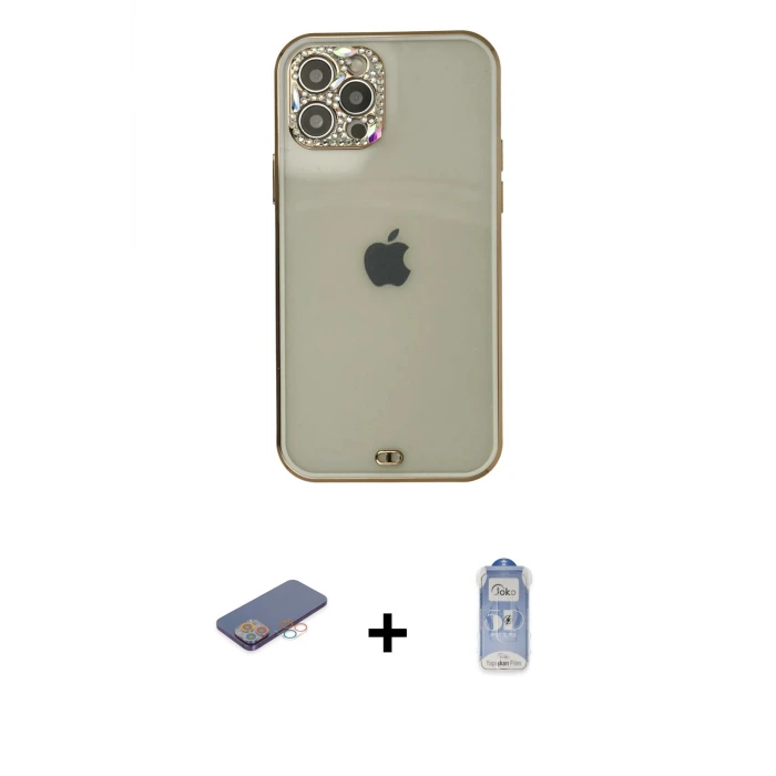 ieg™ iPhone 12 Pro Max Kılıf Eksen Minimal Koleksiyonu - Siyah Joko Magic 5D Cam + Renkli Kamera Lens Koruma Cam - PE