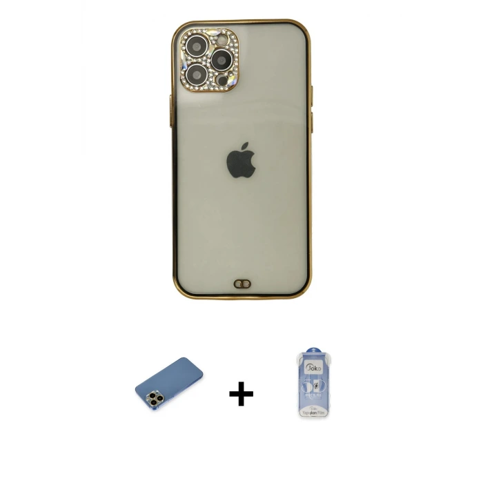 ieg™ iPhone 12 Pro Max Kılıf Eksen Minimal Koleksiyonu - Siyah Joko Magic 5D Cam + Shine Kamera Lens Koruma Cam - GD