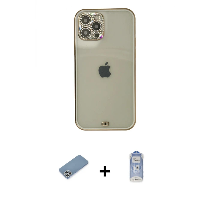 ieg™ iPhone 12 Pro Max Kılıf Eksen Minimal Koleksiyonu - Siyah Joko Magic 5D Cam + Shine Kamera Lens Koruma Cam - GS