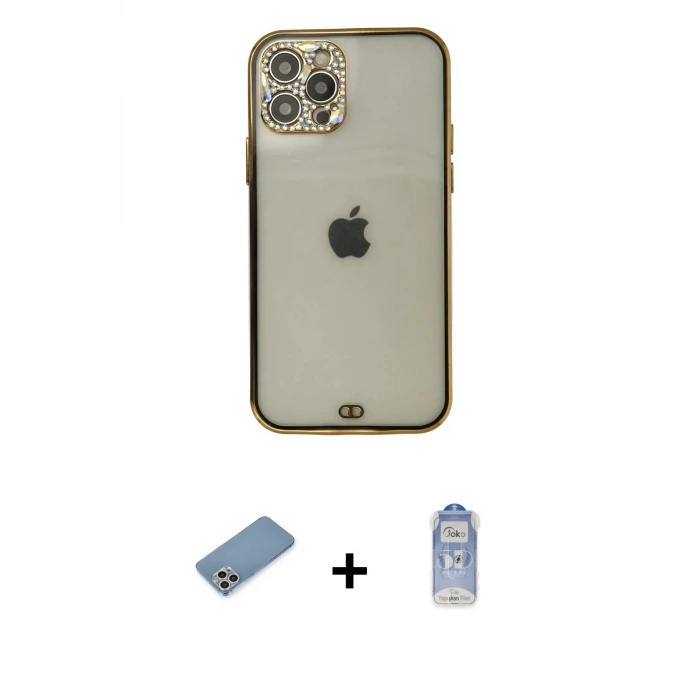 ieg™ iPhone 12 Pro Max Kılıf Eksen Minimal Koleksiyonu - Siyah Joko Magic 5D Cam + Shine Kamera Lens Koruma Cam - GS