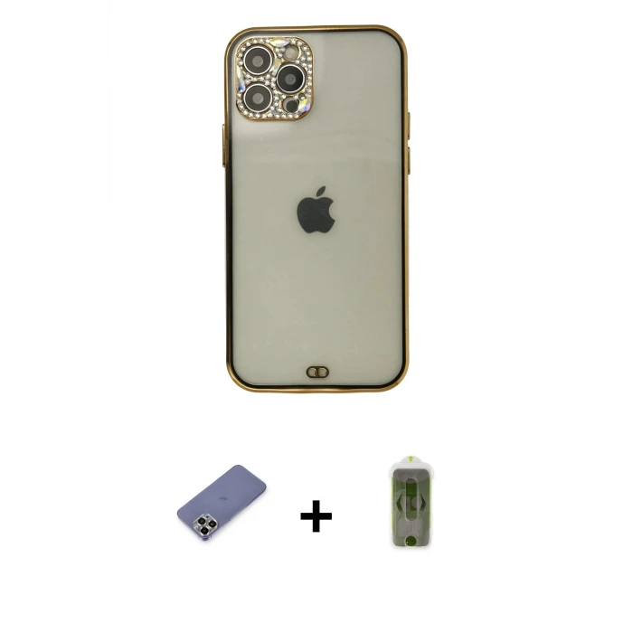ieg™ iPhone 12 Pro Max Kılıf Eksen Minimal Koleksiyonu - Siyah Joko Magic 5D Hayalet Cam + Metal Kamera Lens Koruma Cam - GD