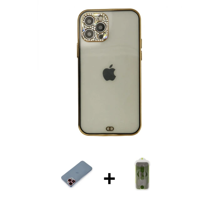 ieg™ iPhone 12 Pro Max Kılıf Eksen Minimal Koleksiyonu - Siyah Joko Magic 5D Hayalet Cam + Metal Kamera Lens Koruma Cam - KI