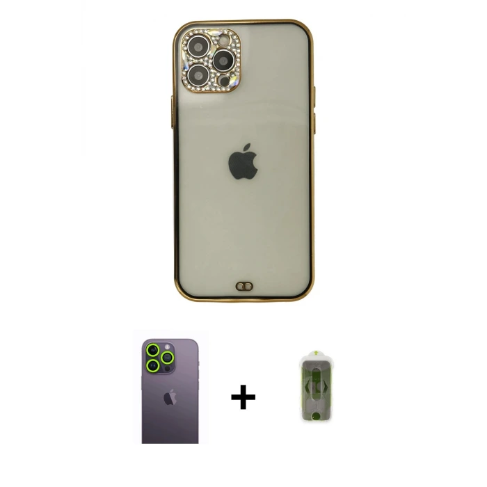 ieg™ iPhone 12 Pro Max Kılıf Eksen Minimal Koleksiyonu - Siyah Joko Magic 5D Hayalet Cam + Neon Fosforlu Kamera Lens - YL