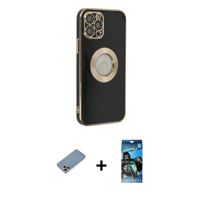 ieg™ iPhone 12 Pro Max Kılıf İz Form Serisi - Siyah 34D Izgaralı Cam + Shine Kamera Lens Koruma Cam - GI