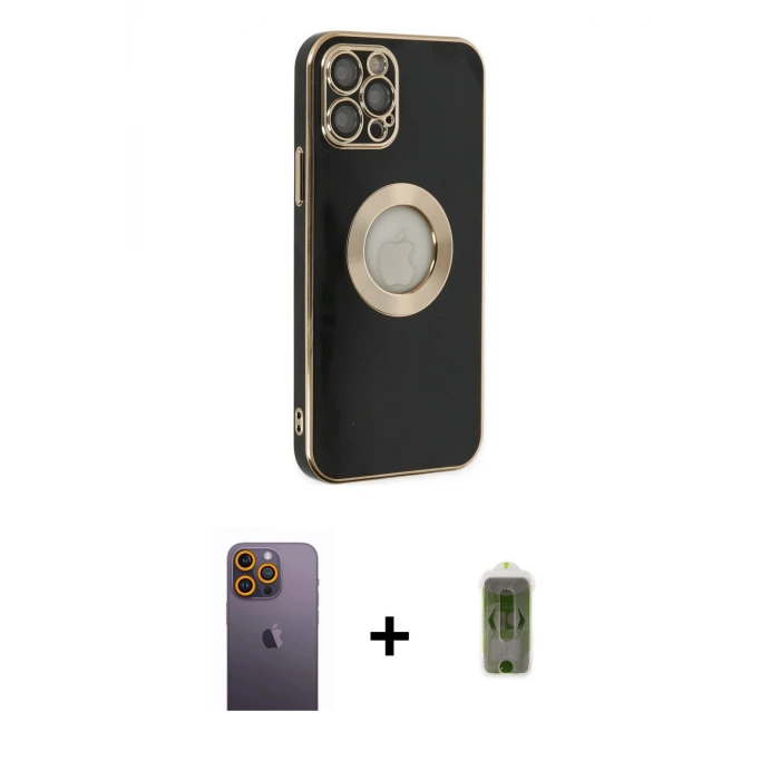 ieg™ iPhone 12 Pro Max Kılıf İz Form Serisi - Siyah Joko Magic 5D Hayalet Cam + Neon Fosforlu Kamera Lens - SI