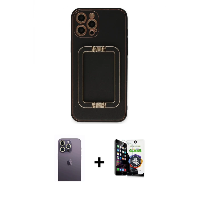 ieg™ iPhone 12 Pro Max Kılıf Kozmos Minimal Prime - Şeffaf Temperli Cam Ekran Koruyucu + Neon Fosforlu Kamera Lens - BZ