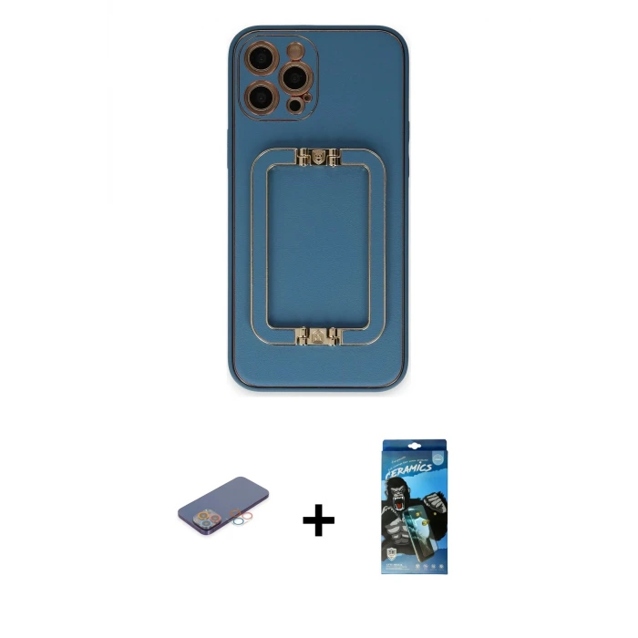 ieg™ iPhone 12 Pro Max Kılıf Kozmos Minimal Prime - Siyah 34D Izgaralı Cam + Renkli Kamera Lens Koruma Cam - PE