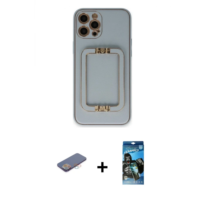 ieg™ iPhone 12 Pro Max Kılıf Kozmos Minimal Prime - Siyah 34D Izgaralı Cam + Renkli Kamera Lens Koruma Cam - PE