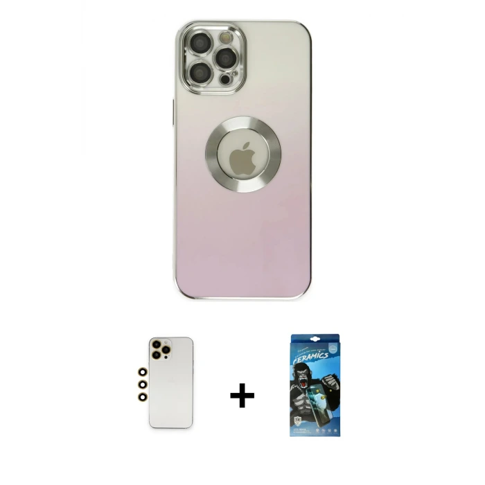 ieg™ iPhone 12 Pro Max Kılıf Kutup Yansıma Özel Seri - Siyah 34D Izgaralı Cam + Shine Kamera Lens - GD