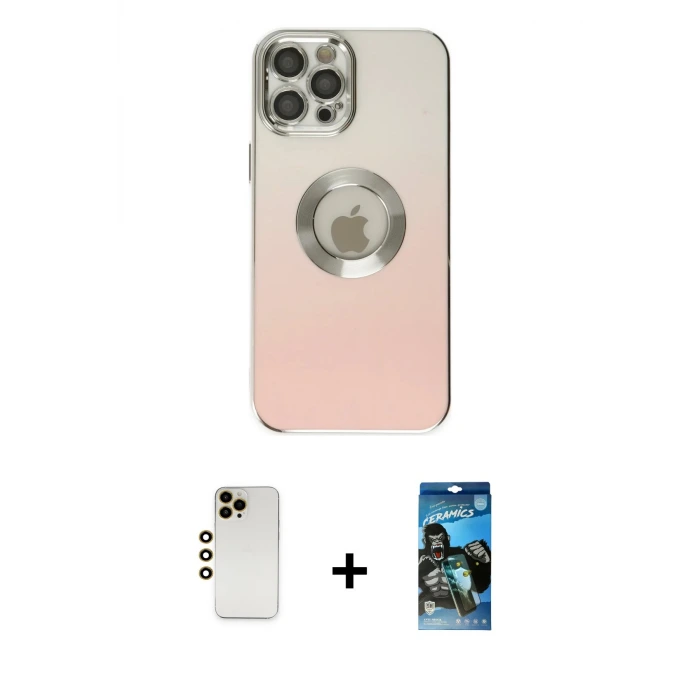 ieg™ iPhone 12 Pro Max Kılıf Kutup Yansıma Özel Seri - Siyah 34D Izgaralı Cam + Shine Kamera Lens - GD