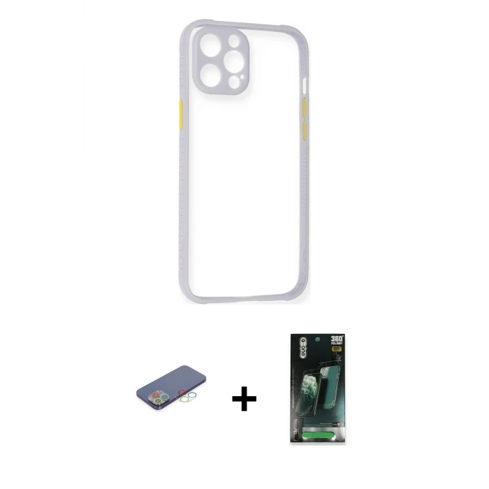 ieg™ iPhone 12 Pro Max Kılıf Nova Asil Özel Seri - Şeffaf 360 Full Body Arka Koruyucu + Renkli Kamera Lens Koruma Cam - MI