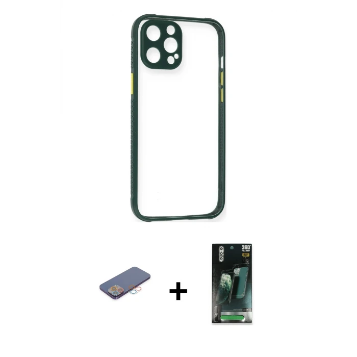 ieg™ iPhone 12 Pro Max Kılıf Nova Asil Özel Seri - Şeffaf 360 Full Body Arka Koruyucu + Renkli Kamera Lens Koruma Cam - PE
