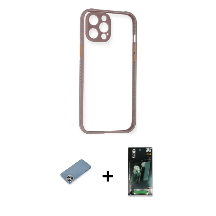 ieg™ iPhone 12 Pro Max Kılıf Nova Asil Özel Seri - Şeffaf 360 Full Body Arka Koruyucu + Shine Kamera Lens Koruma Cam - GS