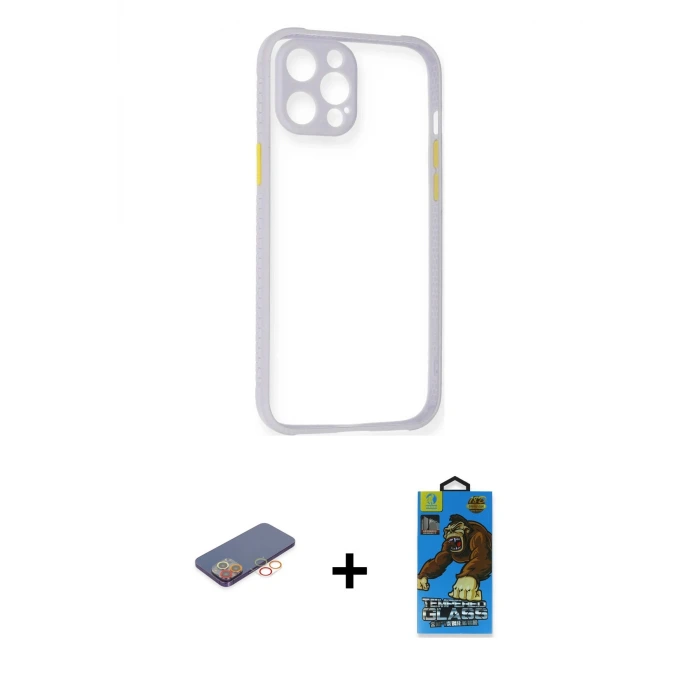 ieg™ iPhone 12 Pro Max Kılıf Nova Asil Özel Seri - Siyah 18D Cam Ekran Koruyucu + Renkli Kamera Lens Koruma Cam - TU