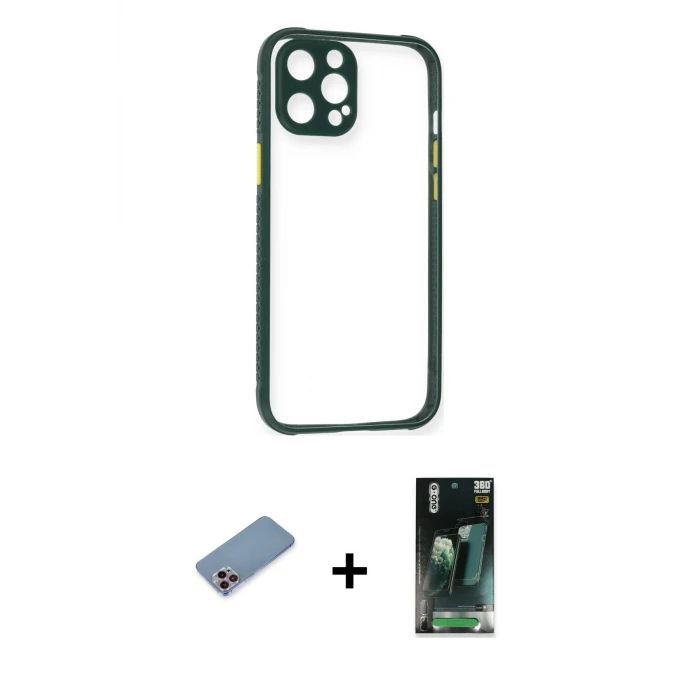 ieg™ iPhone 12 Pro Max Kılıf Nova Asil Özel Seri - Siyah 360 Mat Full Body Arka Koruyucu + Shine Kamera Lens Koruma Cam - PE