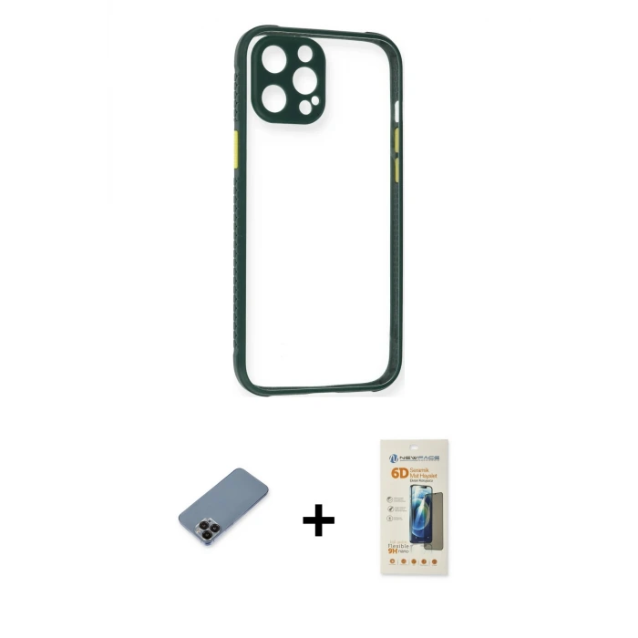 ieg™ iPhone 12 Pro Max Kılıf Nova Asil Özel Seri - Siyah 6D Mat Seramik Hayalet Nano Ekran Koruyucu + Metal Kamera Lens Koruma Cam - SH