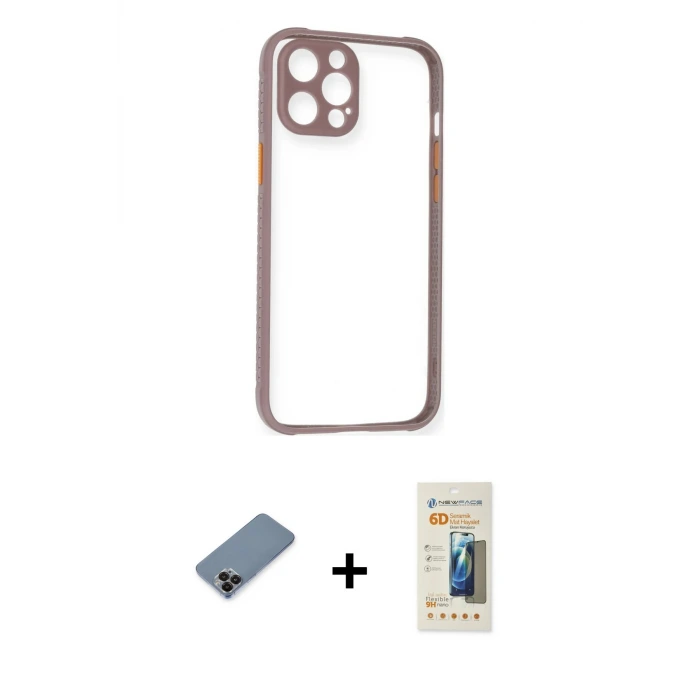 ieg™ iPhone 12 Pro Max Kılıf Nova Asil Özel Seri - Siyah 6D Mat Seramik Hayalet Nano Ekran Koruyucu + Metal Kamera Lens Koruma Cam - SH