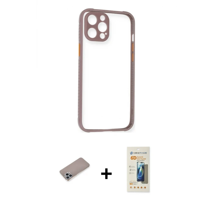 ieg™ iPhone 12 Pro Max Kılıf Nova Asil Özel Seri - Siyah 6D Mat Seramik Hayalet Nano Ekran Koruyucu + Shine Kamera Lens Koruma Cam - SABE