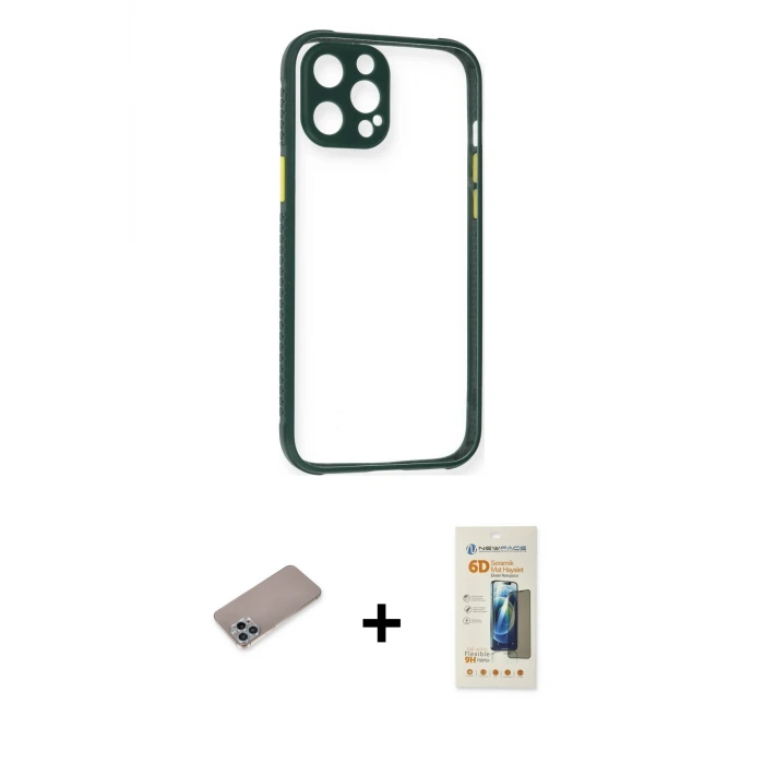ieg™ iPhone 12 Pro Max Kılıf Nova Asil Özel Seri - Siyah 6D Mat Seramik Hayalet Nano Ekran Koruyucu + Shine Kamera Lens Koruma Cam - SABE