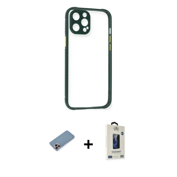 ieg™ iPhone 12 Pro Max Kılıf Nova Asil Özel Seri - Siyah Bilvis Hayalet Cam Ekran Koruyucu + Shine Kamera Lens Koruma Cam - PE