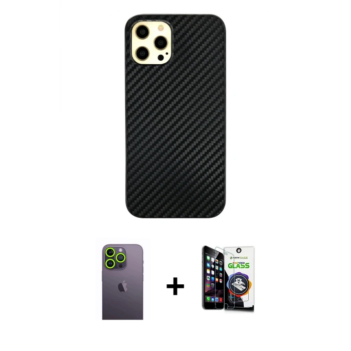 ieg™ iPhone 12 Pro Max Kılıf Nova Çizgi - Şeffaf Temperli Cam Ekran Koruyucu + Neon Fosforlu Kamera Lens - YL