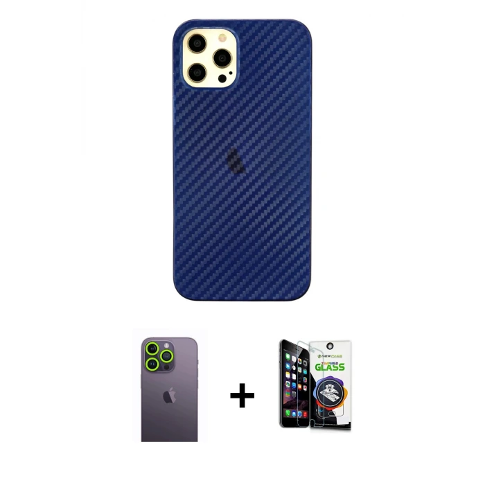 ieg™ iPhone 12 Pro Max Kılıf Nova Çizgi - Şeffaf Temperli Cam Ekran Koruyucu + Neon Fosforlu Kamera Lens - YL