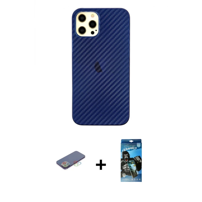 ieg™ iPhone 12 Pro Max Kılıf Nova Çizgi - Siyah 34D Izgaralı Cam + Renkli Kamera Lens Koruma Cam - MI