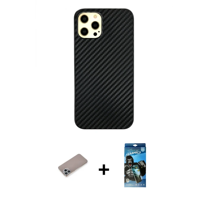ieg™ iPhone 12 Pro Max Kılıf Nova Çizgi - Siyah 34D Izgaralı Cam + Shine Kamera Lens Koruma Cam - SABE