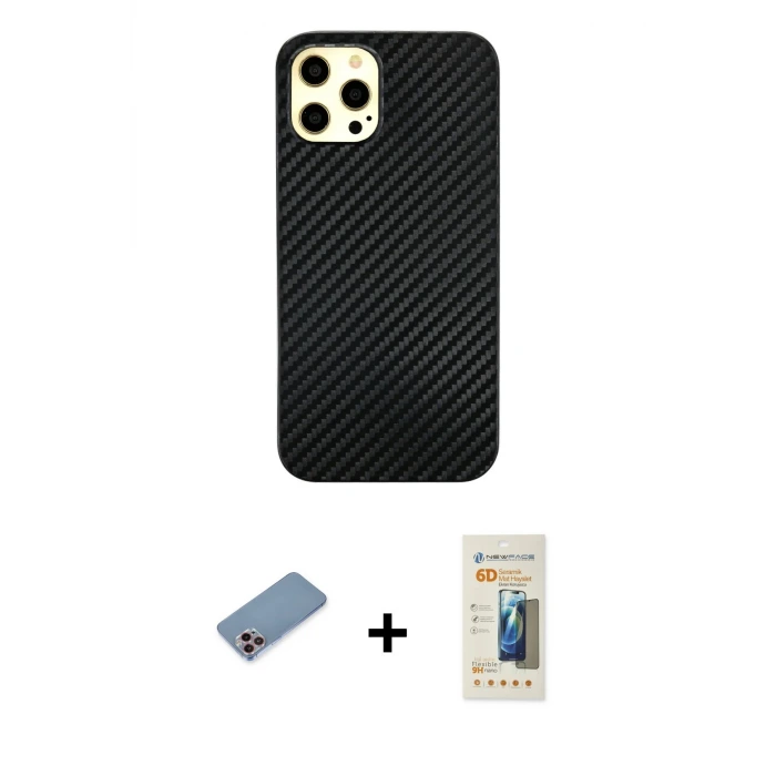 ieg™ iPhone 12 Pro Max Kılıf Nova Çizgi - Siyah 6D Mat Seramik Hayalet Nano Ekran Koruyucu + Shine Kamera Lens Koruma Cam - PE