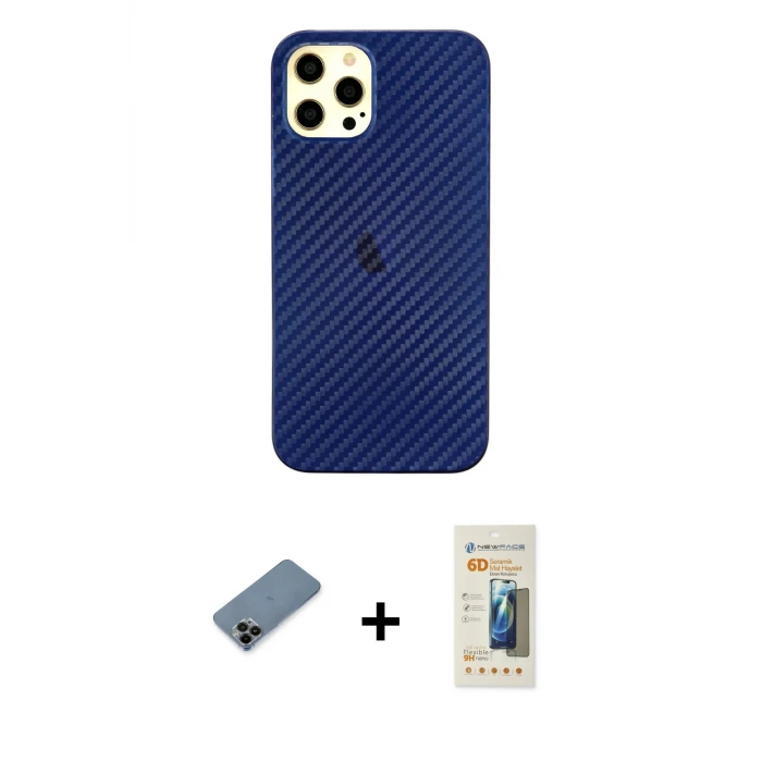 ieg™ iPhone 12 Pro Max Kılıf Nova Çizgi - Siyah 6D Mat Seramik Hayalet Nano Ekran Koruyucu + Shine Kamera Lens Koruma Cam - SH