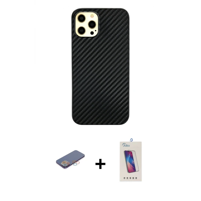 ieg™ iPhone 12 Pro Max Kılıf Nova Çizgi - Siyah Joko 5D Cam + Renkli Kamera Lens Koruma Cam - PE