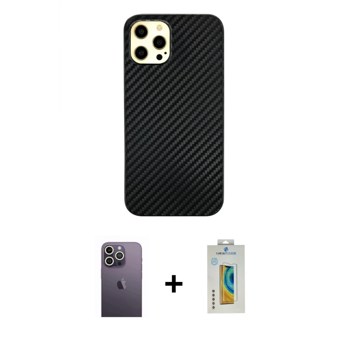 ieg™ iPhone 12 Pro Max Kılıf Nova Çizgi - Siyah Polymer Nano Ekran Koruyucu + Neon Fosforlu Kamera Lens - BZ