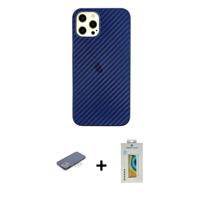 ieg™ iPhone 12 Pro Max Kılıf Nova Çizgi - Siyah Polymer Nano Ekran Koruyucu + Renkli Kamera Lens Koruma Cam - MI