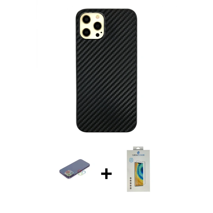 ieg™ iPhone 12 Pro Max Kılıf Nova Çizgi - Siyah Polymer Nano Ekran Koruyucu + Renkli Kamera Lens Koruma Cam - MI