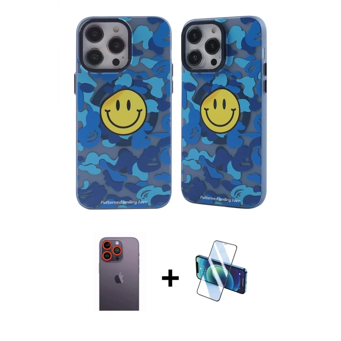 ieg™ iPhone 12 Pro Max Kılıf Nova Doku Koleksiyonu - Siyah 3D Antistatik Seramik Nano Ekran Koruyucu + Neon Fosforlu Kamera Lens - TU