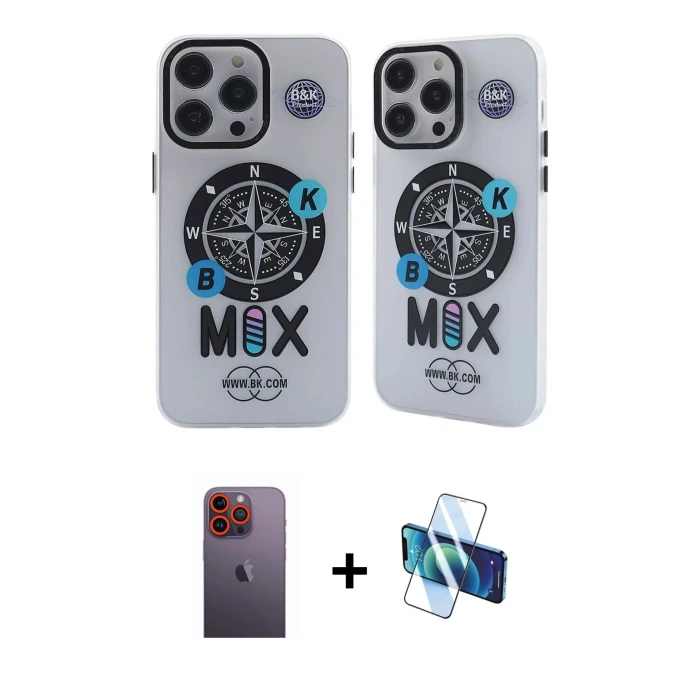 ieg™ iPhone 12 Pro Max Kılıf Nova Doku Koleksiyonu - Siyah 3D Antistatik Seramik Nano Ekran Koruyucu + Neon Fosforlu Kamera Lens - TU