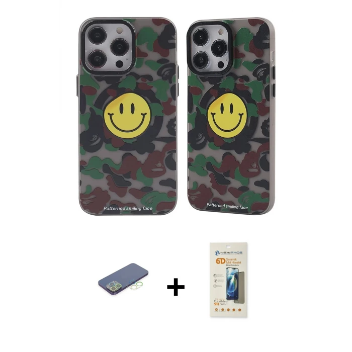 ieg™ iPhone 12 Pro Max Kılıf Nova Doku Koleksiyonu - Siyah 6D Mat Seramik Hayalet Nano Ekran Koruyucu + Renkli Kamera Lens Koruma Cam - YL
