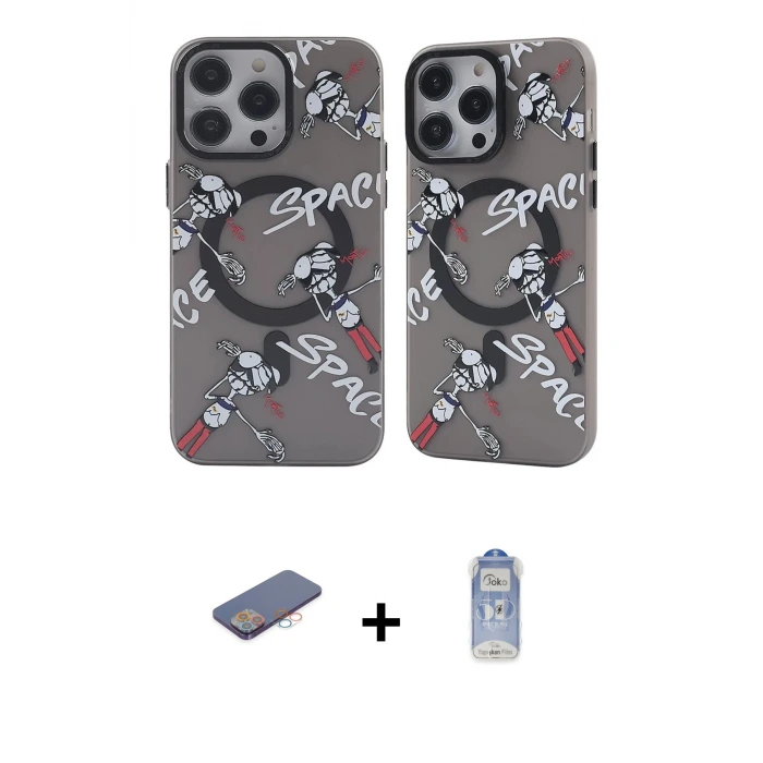ieg™ iPhone 12 Pro Max Kılıf Nova Doku Koleksiyonu - Siyah Joko Magic 5D Cam + Renkli Kamera Lens Koruma Cam - PE