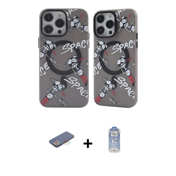 ieg™ iPhone 12 Pro Max Kılıf Nova Doku Koleksiyonu - Siyah Joko Magic 5D Cam + Renkli Kamera Lens Koruma Cam - MI