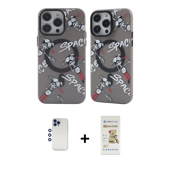 ieg™ iPhone 12 Pro Max Kılıf Nova Doku Koleksiyonu - Siyah Mat Seramik Nano Ekran Koruyucu + Shine Kamera Lens - LT