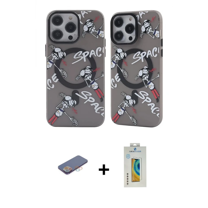 ieg™ iPhone 12 Pro Max Kılıf Nova Doku Koleksiyonu - Siyah Polymer Nano Ekran Koruyucu + Renkli Kamera Lens Koruma Cam - PE