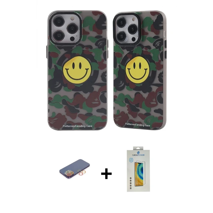 ieg™ iPhone 12 Pro Max Kılıf Nova Doku Koleksiyonu - Siyah Polymer Nano Ekran Koruyucu + Renkli Kamera Lens Koruma Cam - TU