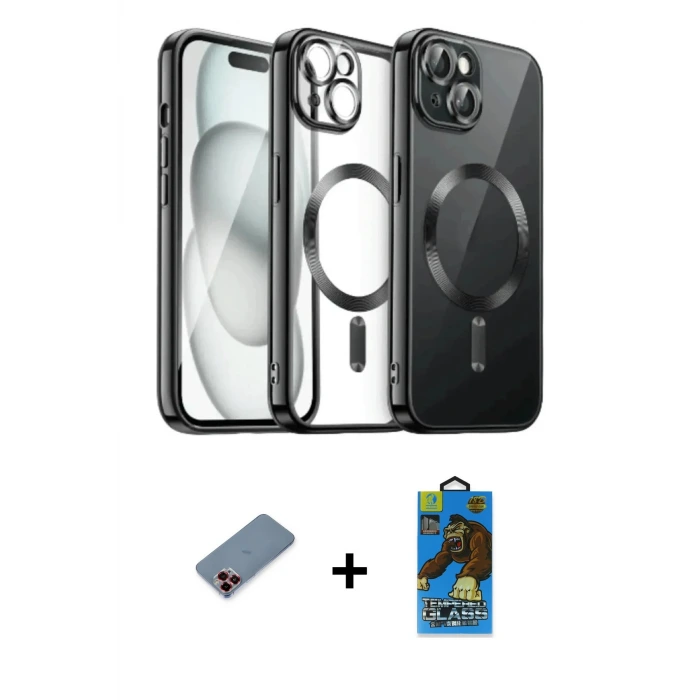 ieg™ iPhone 12 Pro Max Kılıf Nova Işık Özel Seri - Siyah 18D Cam Ekran Koruyucu + Metal Kamera Lens Koruma Cam - KI