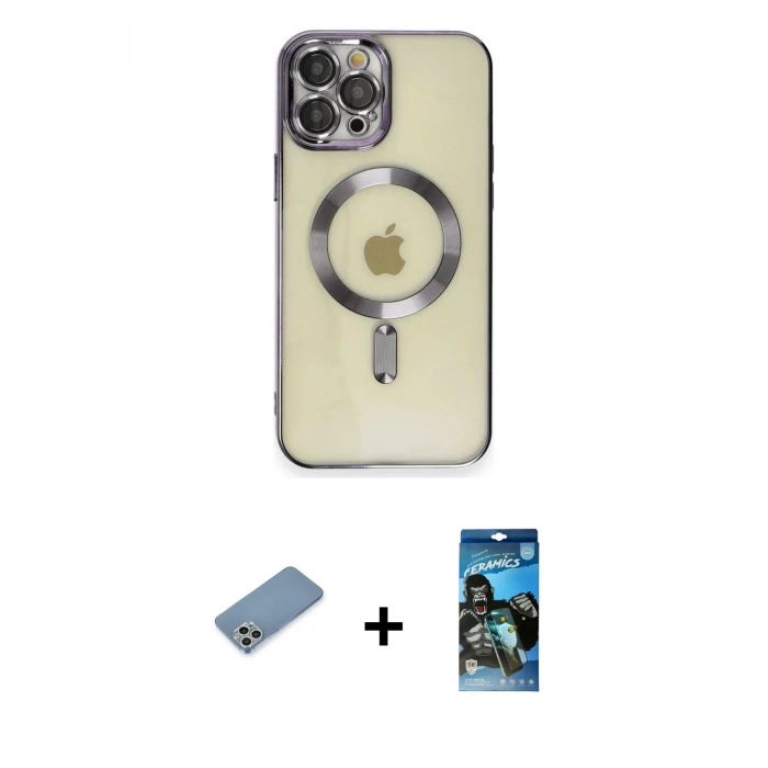 ieg™ iPhone 12 Pro Max Kılıf Nova Işık Özel Seri - Siyah 34D Izgaralı Cam + Shine Kamera Lens Koruma Cam - GS