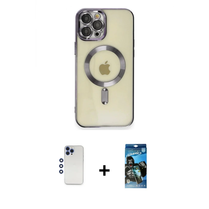 ieg™ iPhone 12 Pro Max Kılıf Nova Işık Özel Seri - Siyah 34D Izgaralı Cam + Shine Kamera Lens - LT